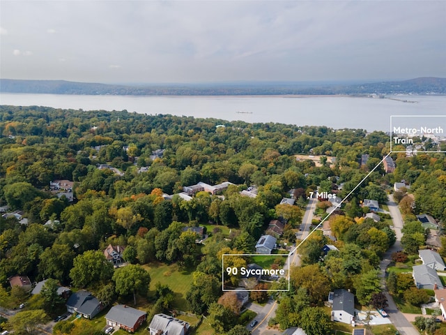 bird's eye view featuring a water view and a wooded view