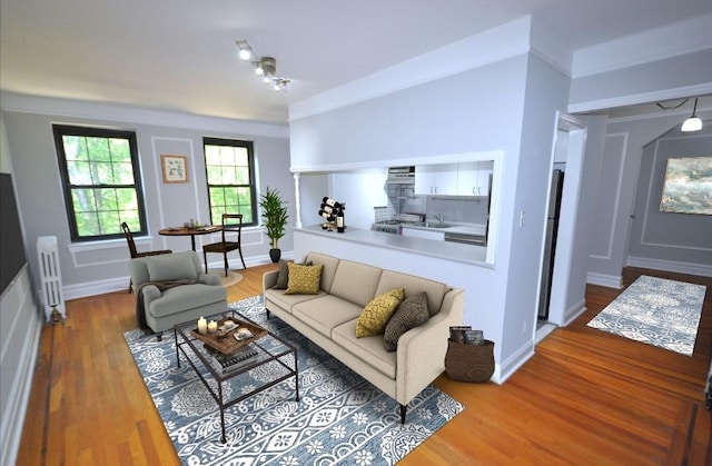 living room with hardwood / wood-style floors, radiator, and ornamental molding