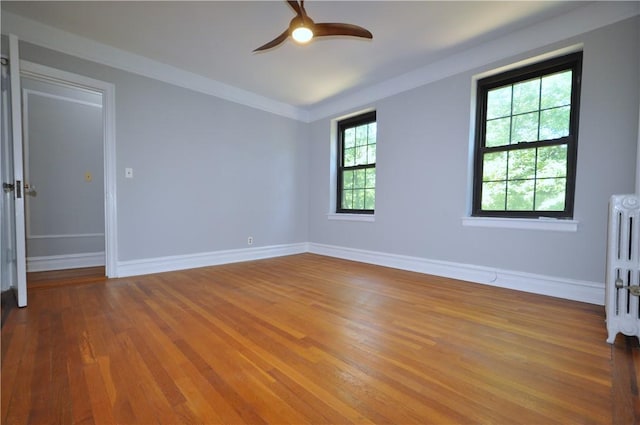 spare room with radiator, ceiling fan, a healthy amount of sunlight, and light wood-type flooring