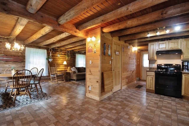 kitchen featuring beam ceiling, black electric range oven, wooden ceiling, and wood walls