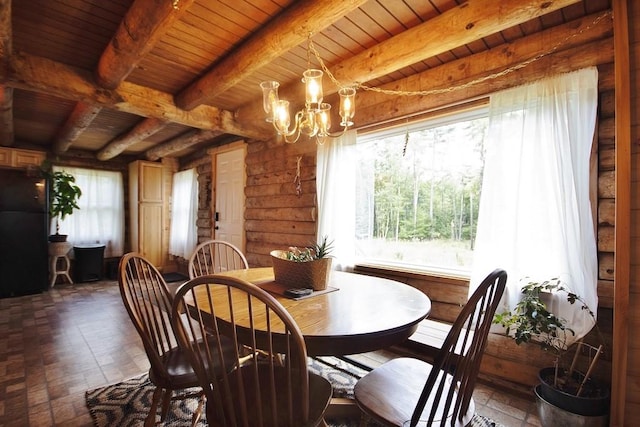 dining room with beamed ceiling, plenty of natural light, and wood ceiling