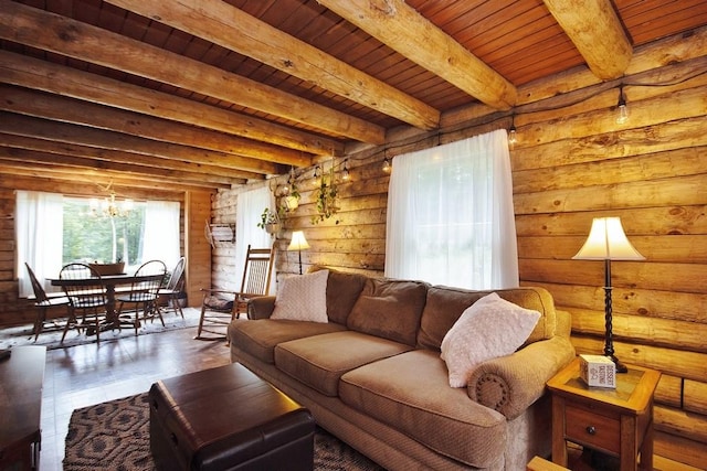 living room with log walls, beamed ceiling, wood ceiling, and a notable chandelier