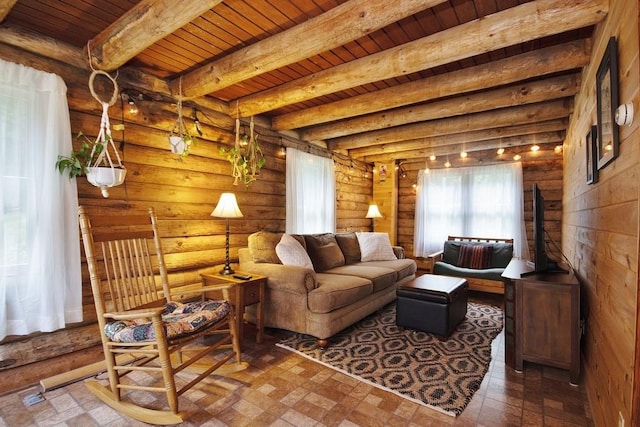 sitting room featuring a wood stove, log walls, beamed ceiling, and wooden ceiling