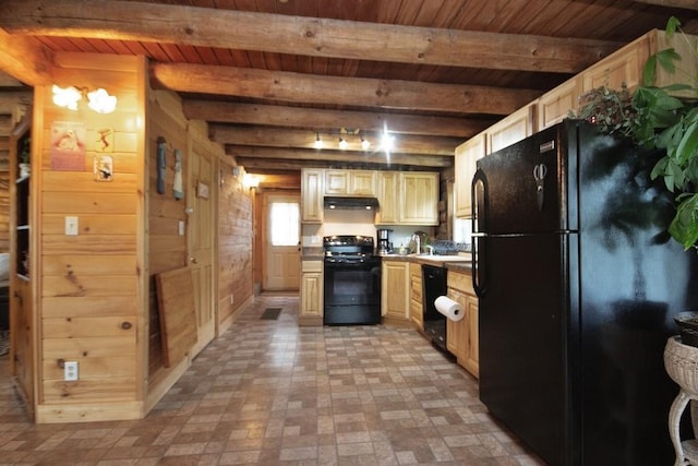 733 Braden Rd, Greenfield Park, NY 12435 - kitchen with black appliances, wooden ceiling with exposed beams, under cabinet range hood, wood walls, and brick patterned flooring