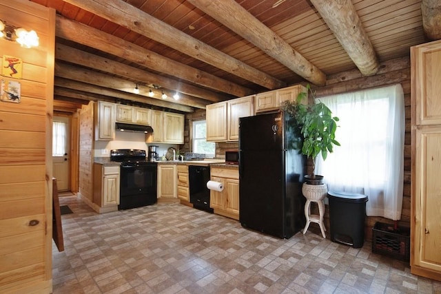 733 Braden Rd, Greenfield Park, NY 12435 - kitchen with black appliances, wooden ceiling with exposed beams, under cabinet range hood, brick patterned floors, and light countertops