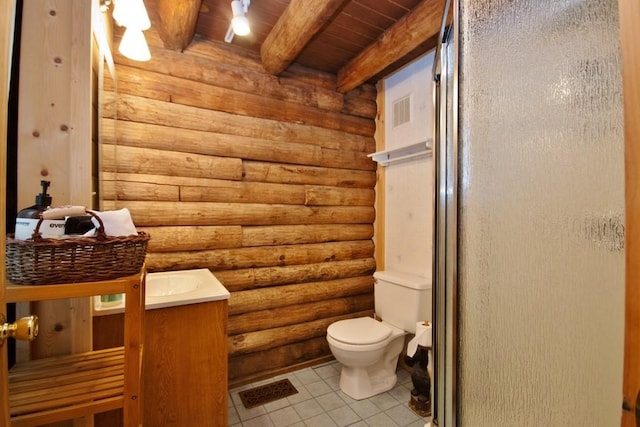 bathroom featuring rustic walls, wood ceiling, vanity, beamed ceiling, and tile patterned flooring