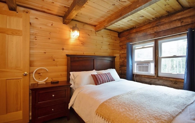 bedroom featuring beamed ceiling, wooden ceiling, and wood walls