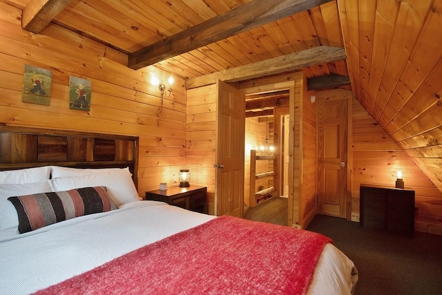 bedroom with dark colored carpet, beam ceiling, wood ceiling, and wooden walls