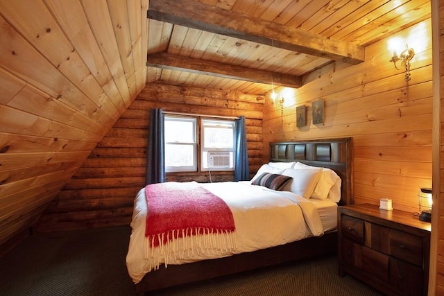 bedroom with lofted ceiling with beams, cooling unit, wooden walls, and wood ceiling