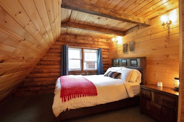733 Braden Rd, Greenfield Park, NY 12435 - bedroom featuring log walls, wooden ceiling, and cooling unit