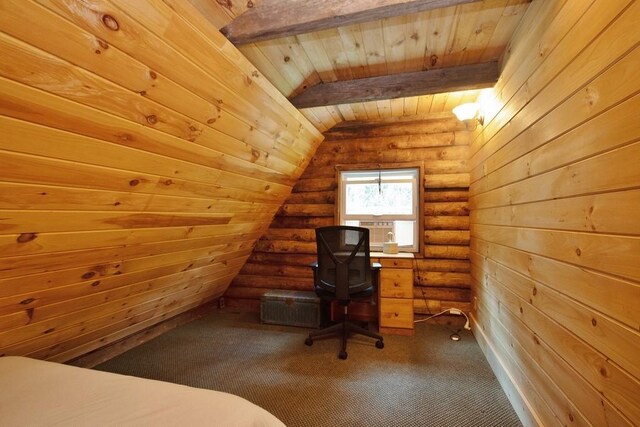 interior space with wooden ceiling, cooling unit, and lofted ceiling with beams