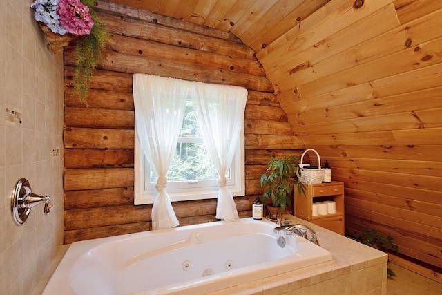 bathroom featuring tiled bath, vaulted ceiling, rustic walls, and wooden ceiling