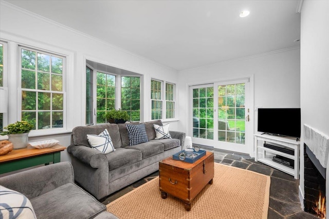 135 Corona Ave, Pelham, NY 10803 - living room with ornamental molding, dark stone finish flooring, and recessed lighting