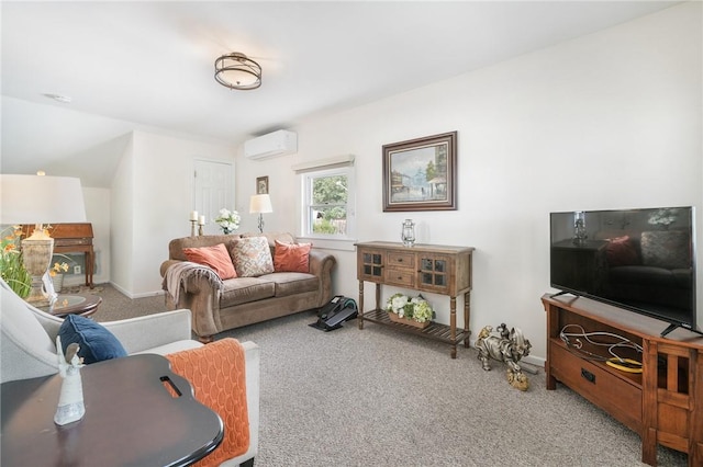 carpeted living room featuring a wall mounted AC