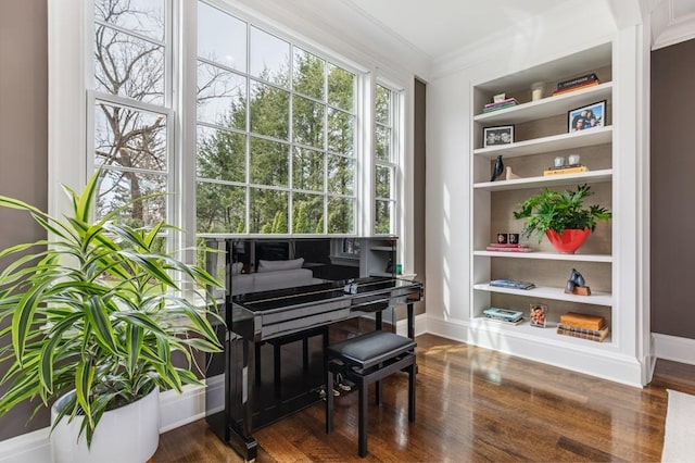 miscellaneous room with crown molding, dark wood-type flooring, and built in shelves