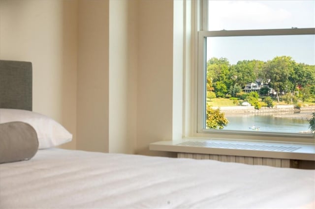 bedroom featuring a water view