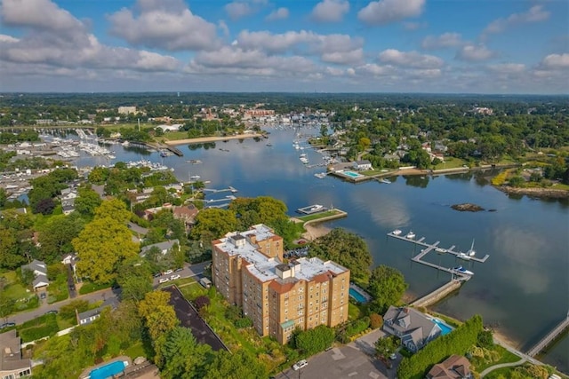 birds eye view of property featuring a water view