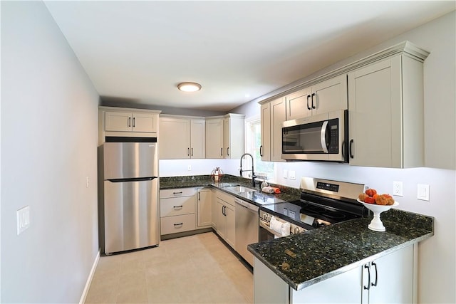 kitchen with kitchen peninsula, stainless steel appliances, dark stone countertops, and sink