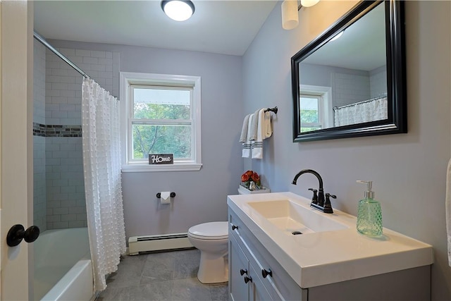 full bathroom with vanity, toilet, shower / bath combo, and a baseboard heating unit