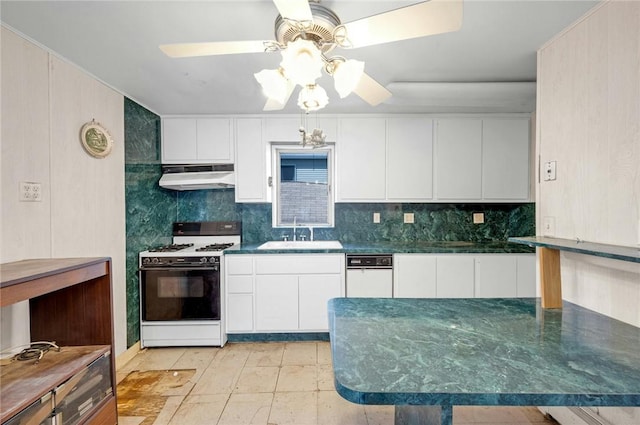 kitchen with under cabinet range hood, white appliances, a sink, white cabinetry, and dark countertops