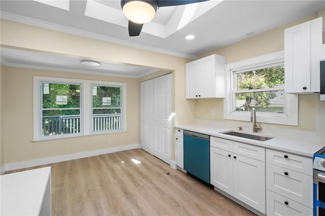 kitchen featuring dishwasher, white cabinetry, sink, and a skylight