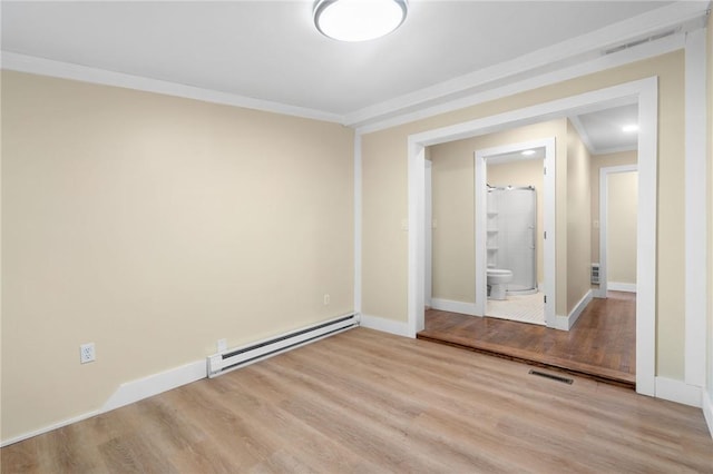 unfurnished bedroom featuring a baseboard radiator, ensuite bath, light hardwood / wood-style floors, and crown molding