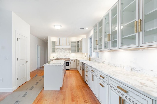 kitchen with custom exhaust hood, light hardwood / wood-style flooring, light stone countertops, appliances with stainless steel finishes, and a kitchen island