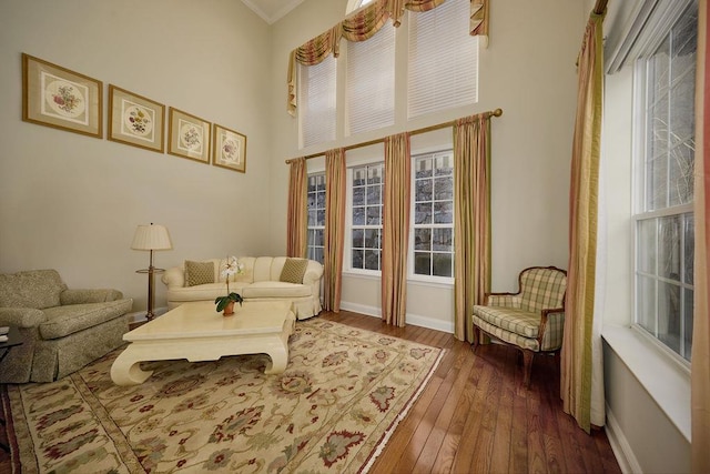 living area with a healthy amount of sunlight, ornamental molding, dark wood-type flooring, and a high ceiling