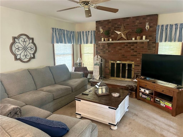 98 Pelham Dr, Cornwall, NY 12518 - carpeted living room with a ceiling fan and a fireplace