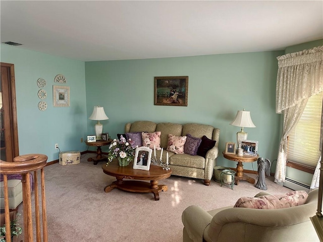 98 Pelham Dr, Cornwall, NY 12518 - living area featuring a baseboard heating unit, visible vents, and carpet