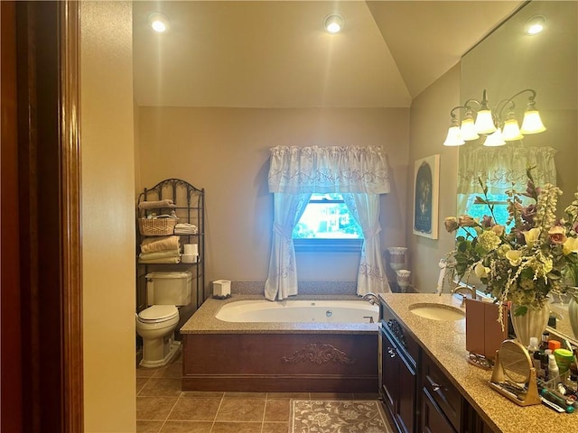 98 Pelham Dr, Cornwall, NY 12518 - bathroom featuring tile patterned flooring, vanity, toilet, vaulted ceiling, and a garden tub