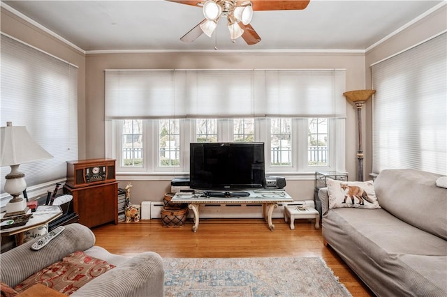 living room featuring hardwood / wood-style flooring, a baseboard heating unit, a healthy amount of sunlight, and crown molding