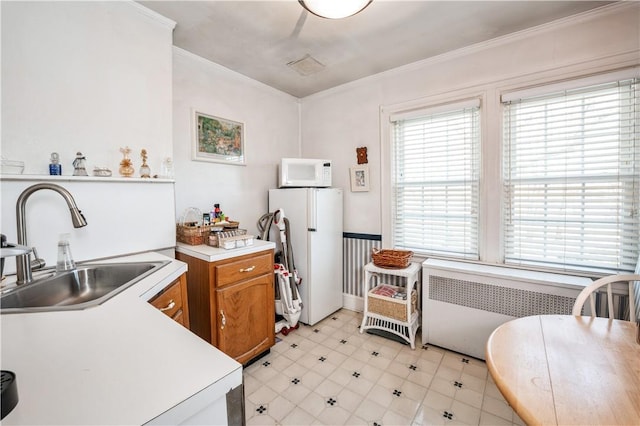 kitchen with white appliances, plenty of natural light, radiator heating unit, and sink