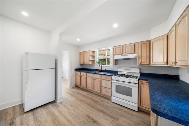 kitchen featuring light hardwood / wood-style floors, white appliances, sink, and light brown cabinets