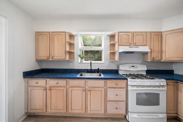 kitchen featuring white gas stove, light brown cabinets, and sink