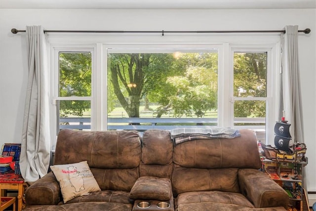 living room featuring a wealth of natural light and a baseboard heating unit