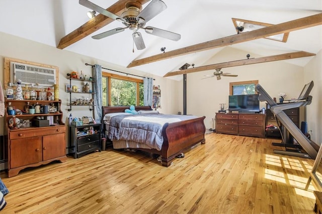 bedroom with beam ceiling, ceiling fan, high vaulted ceiling, and light hardwood / wood-style floors