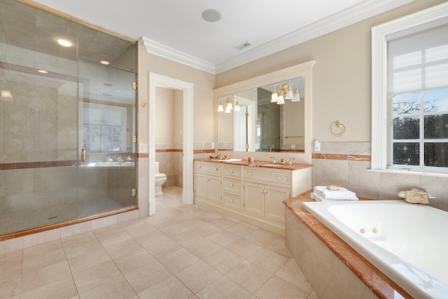 full bath featuring crown molding, visible vents, toilet, a sink, and a shower stall