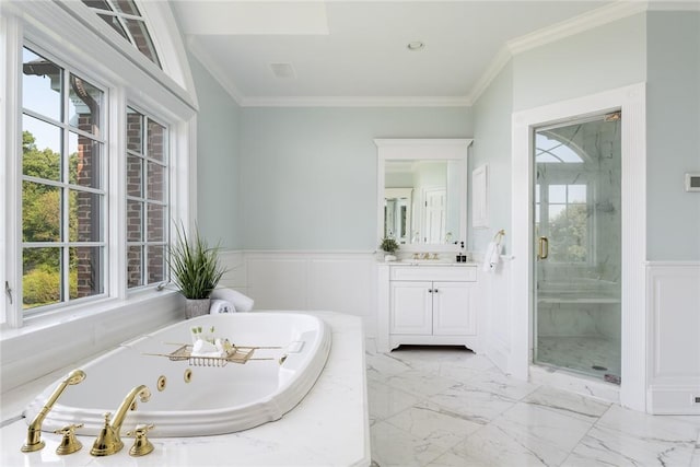 778 Sleepy Hollow Rd, Briarcliff Manor, NY 10510 - full bath with vanity, a marble finish shower, a whirlpool tub, wainscoting, and a decorative wall