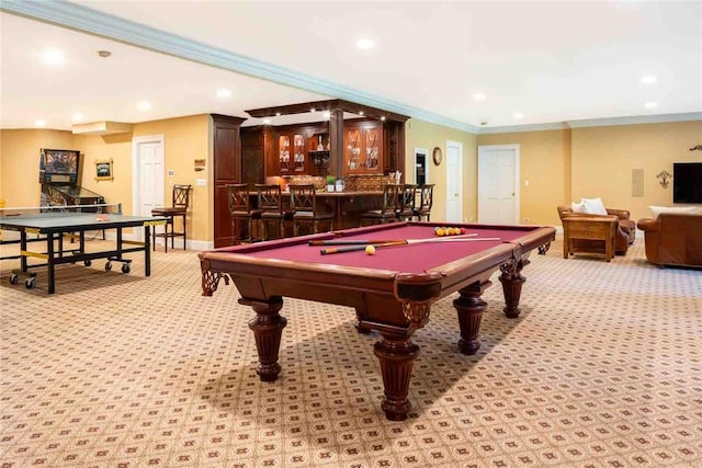778 Sleepy Hollow Rd, Briarcliff Manor, NY 10510 - playroom with bar area, light colored carpet, crown molding, recessed lighting, and pool table