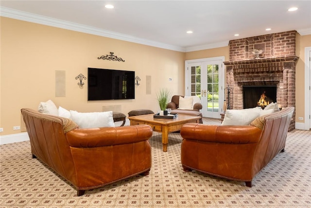 778 Sleepy Hollow Rd, Briarcliff Manor, NY 10510 - living area featuring ornamental molding, recessed lighting, light carpet, and a fireplace