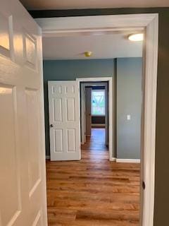 corridor with wood-type flooring