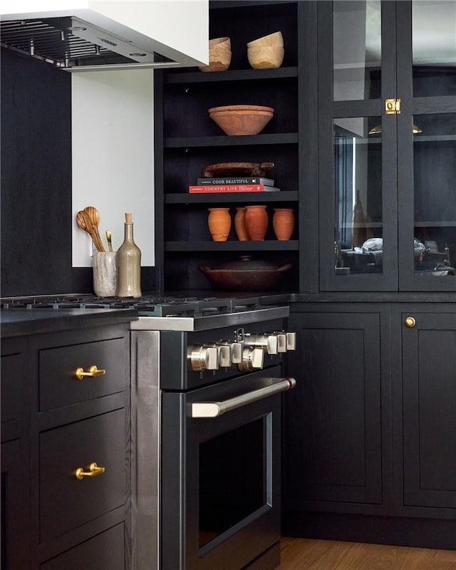 bar featuring stainless steel range, hardwood / wood-style floors, and extractor fan