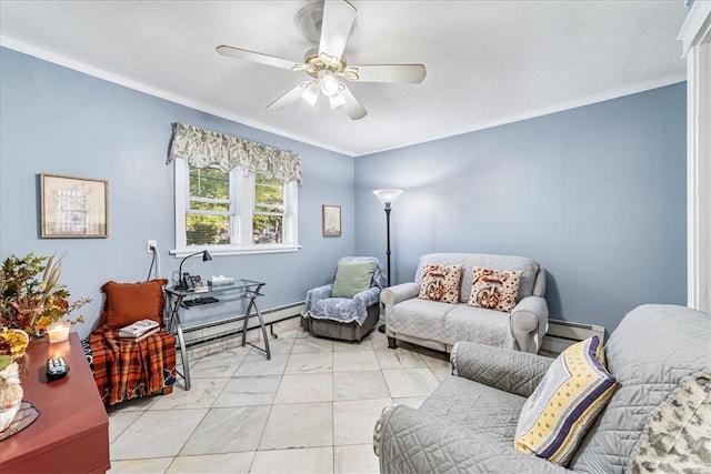 living area with ceiling fan, a baseboard heating unit, and crown molding