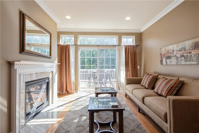 living room featuring light hardwood / wood-style flooring and ornamental molding