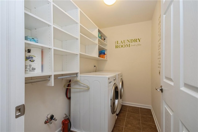 laundry area featuring separate washer and dryer and dark tile patterned flooring