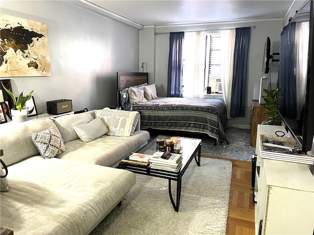 bedroom featuring parquet flooring, cooling unit, and ornamental molding