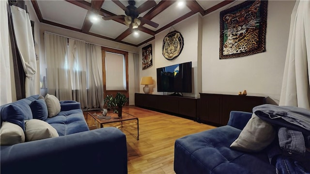 living room with beam ceiling, light hardwood / wood-style floors, ceiling fan, and coffered ceiling