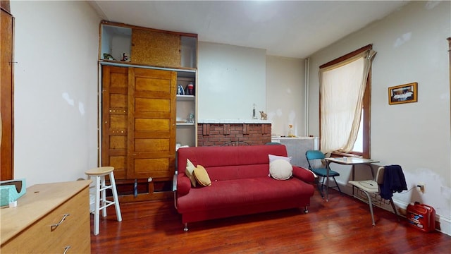 living area featuring a fireplace and dark hardwood / wood-style flooring