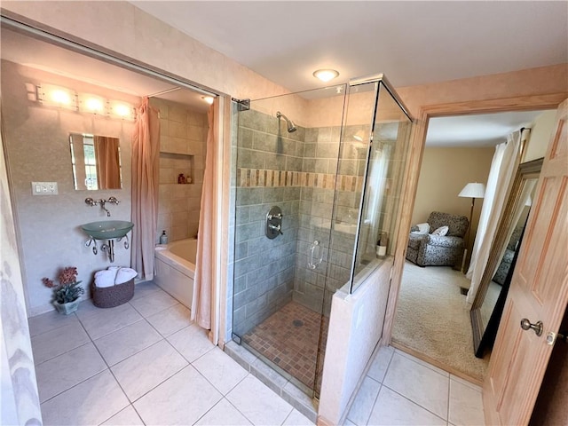 bathroom with tile patterned flooring and plus walk in shower